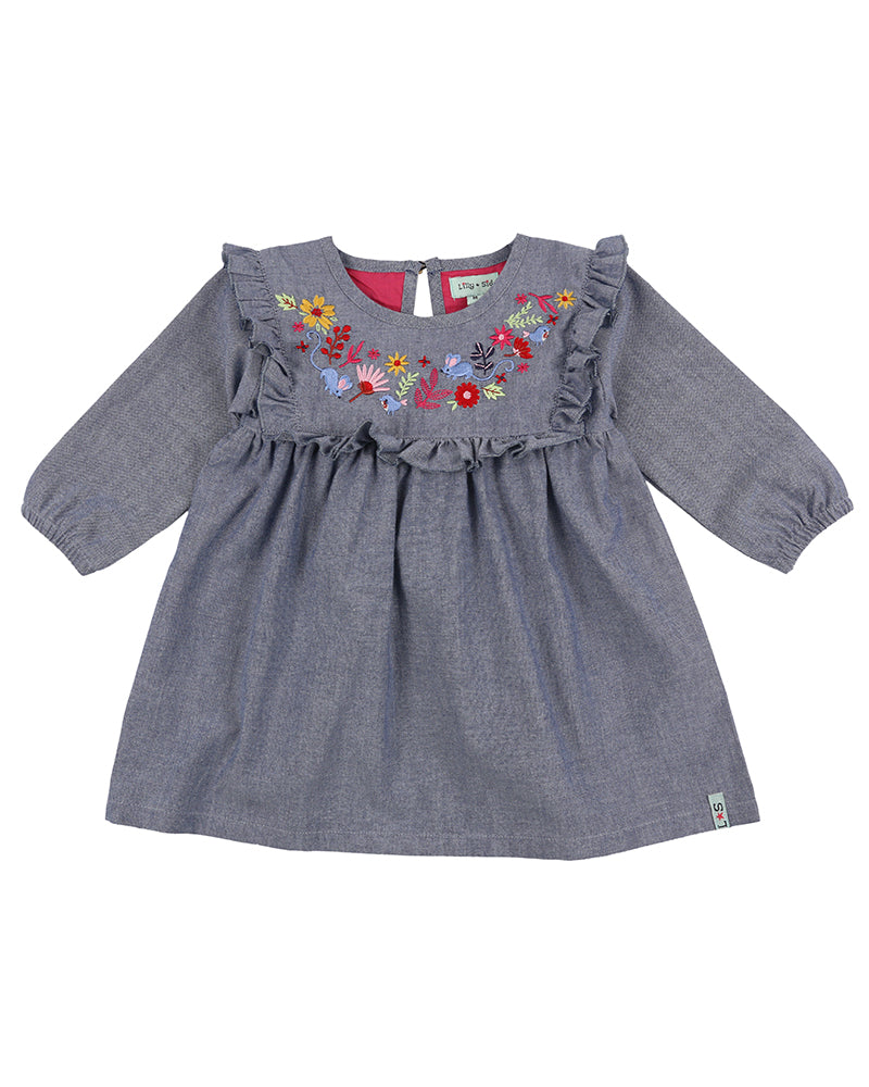 Lilly & Sid Woodland Embroidery Chambray Dress