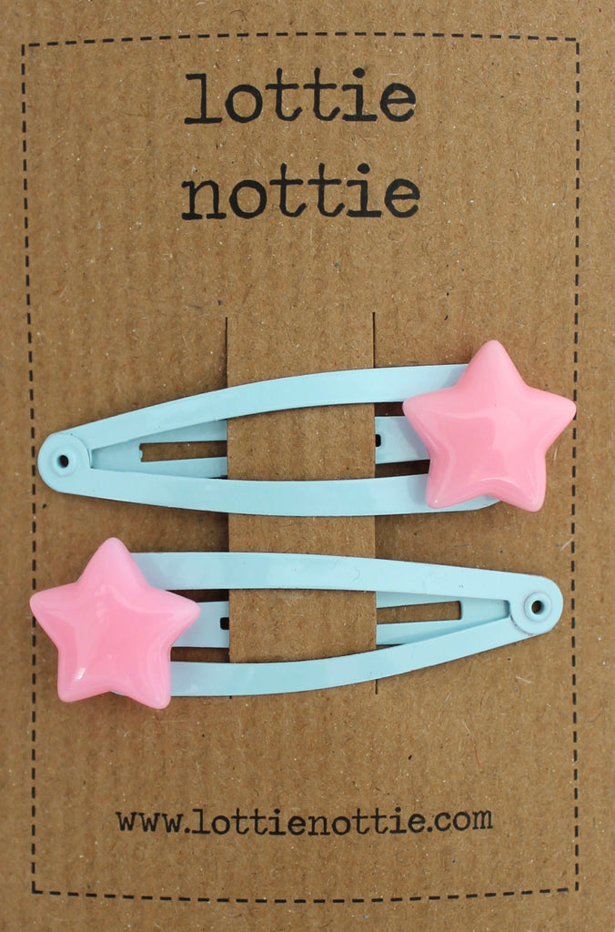 Pink Stars on Light Blue Clips - Hair Clips
