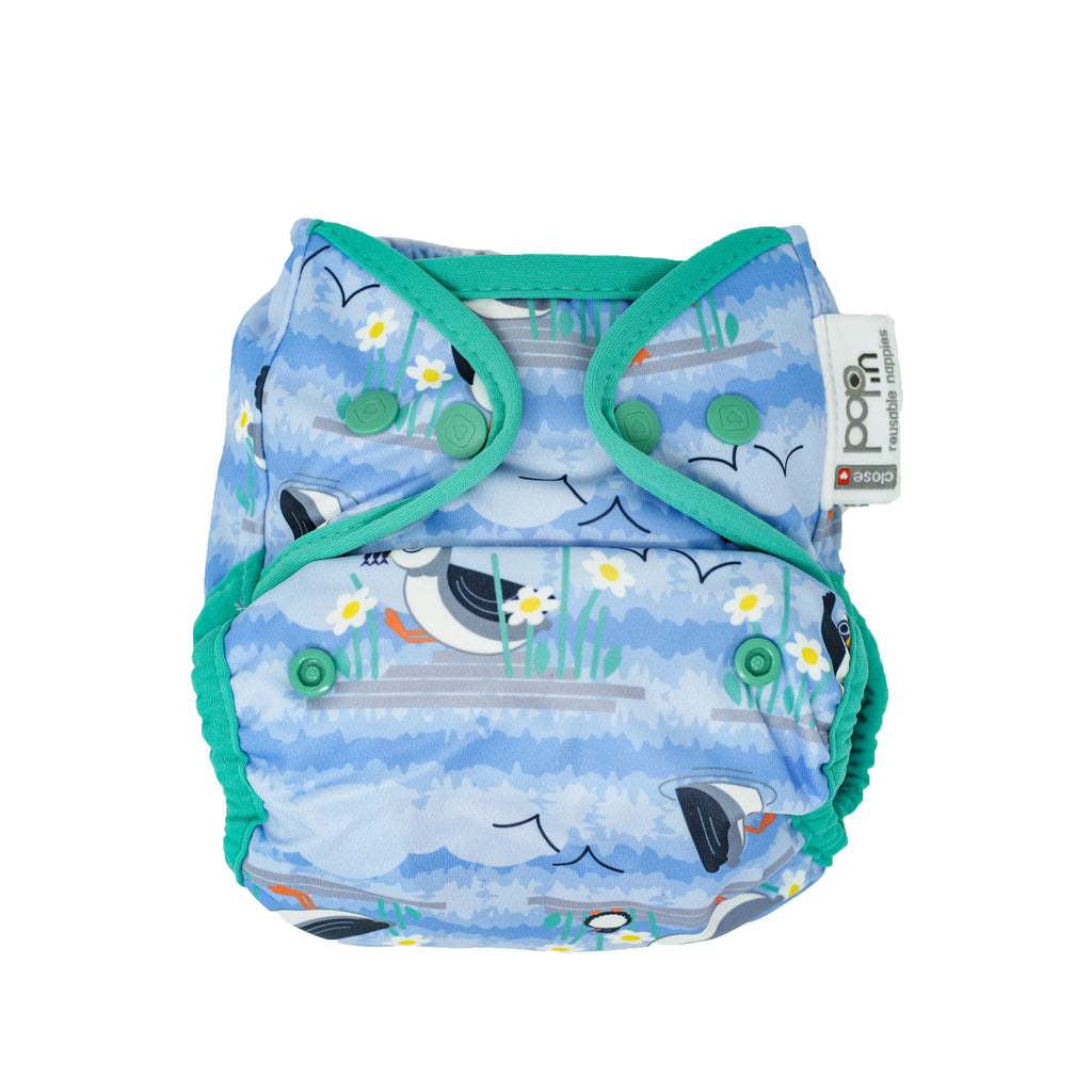 Pop-in Single Printed Reusable Popper Nappy +bamboo - Puffin Bio Laminate